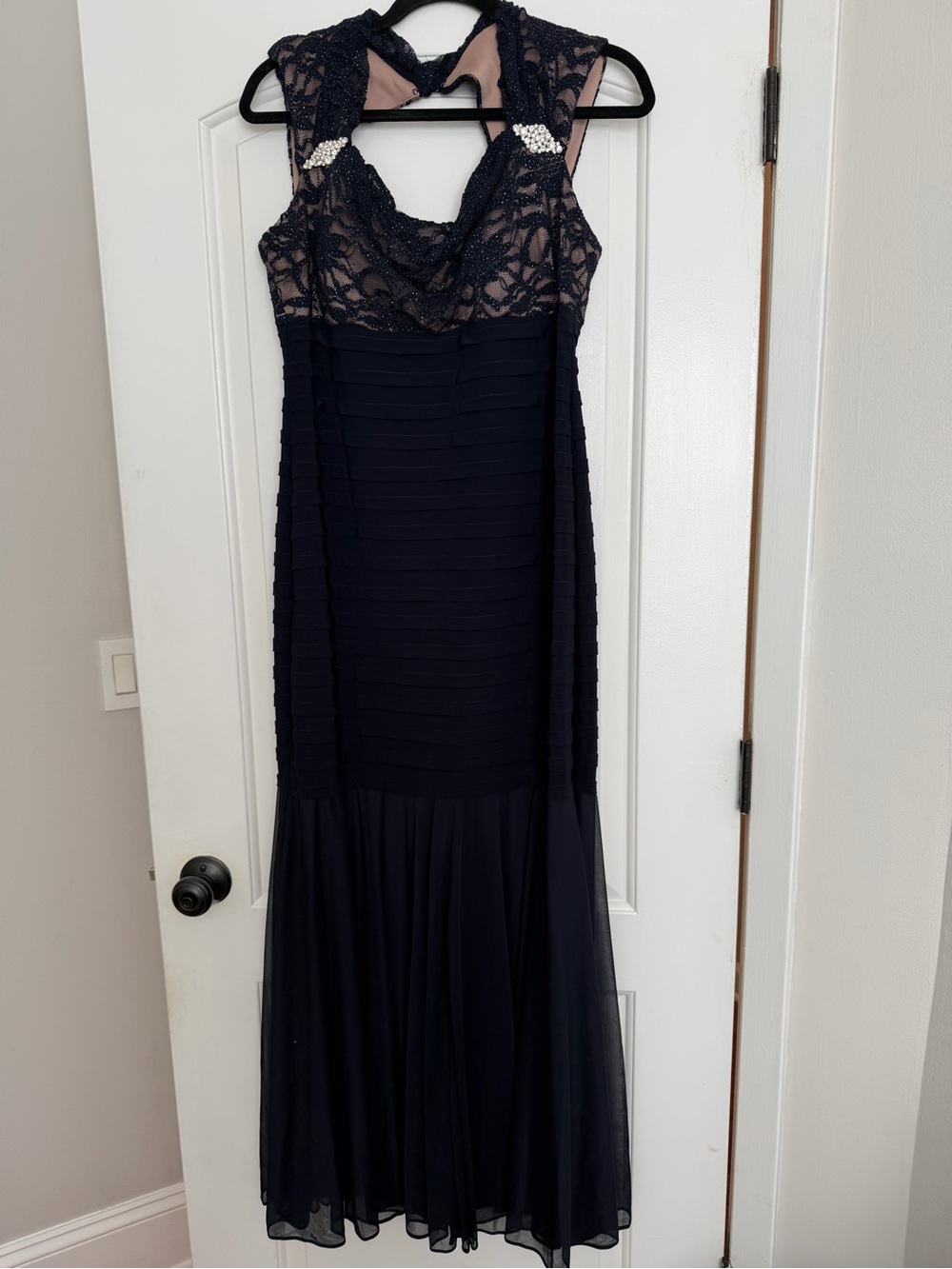 R&M Richards Navy Lace & Chiffon Evening Gown